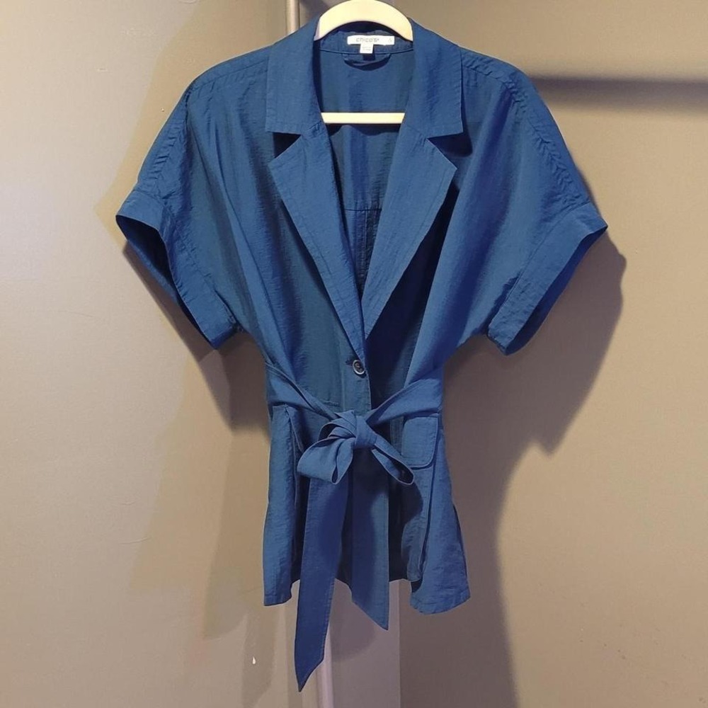 Chico's Tie Waist Button Up Shirt Short Sleeve Blouse, Women's Size L, Blue